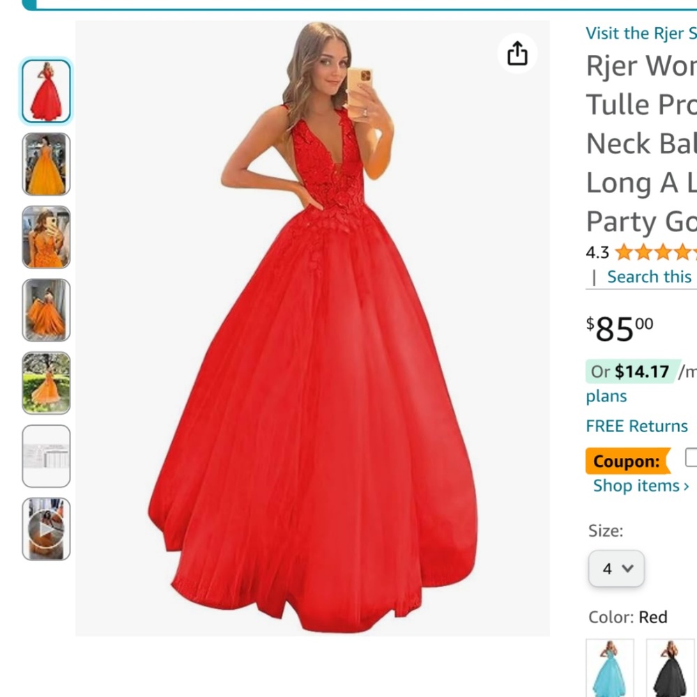 Rjer Women's Lace Tulle Prom Dresses V Neck Ball Gowns Long A Line Evening Party